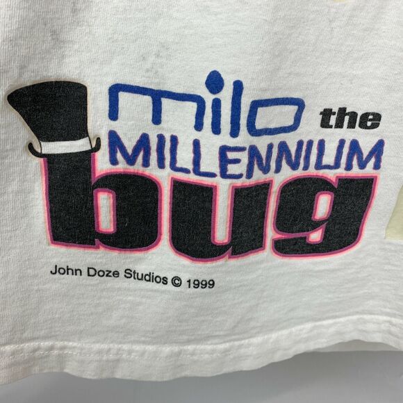 Vintage Milo Millennium Bug T Shirt Mens X-Large Tall 90s Glow In The Dark White - Picture 7 of 11